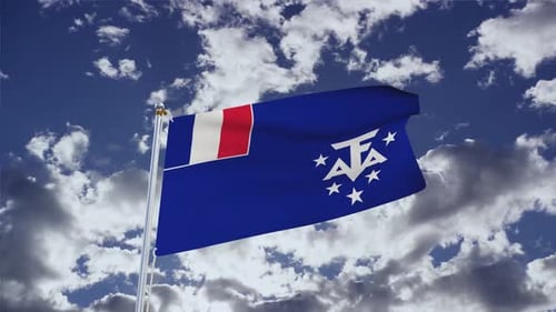 French Southern and Antarctic Lands Flag Waving in Realistic Sky