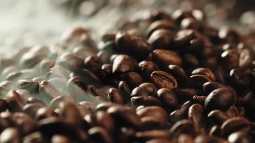 Steaming Coffee Beans in a Close Up Shot