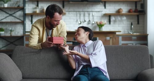 Cheerful Couple Gift Giving on Couch at Home
