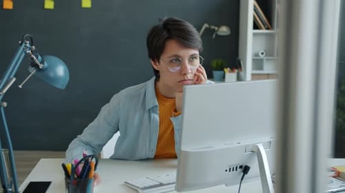Slow Motion of Young Successful Businesswoman Working with Computer in Office