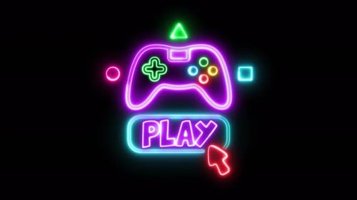 Spielen Sie Leuchtreklame, helles Schild, helles Banner. Spiellogo Neon, Emblem