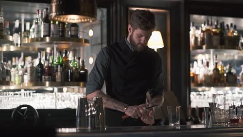 Tall Bearded Bartender Crushing Big Piece of Ice with the Knife Standing at the Bar Counter