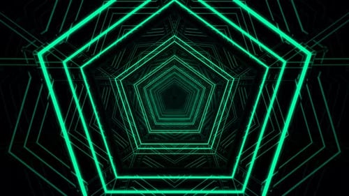 Looping Green Neon Pentagonal Geometric Tunnel Background