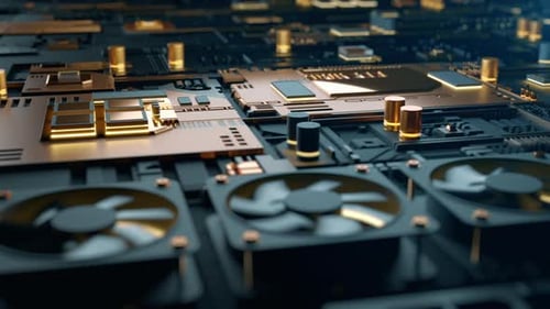 CPU Chip and Cooler Fan on Motherboard