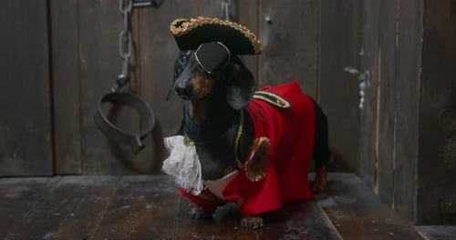 Dachshund Dressed in Pirate Costume in a Home Setting