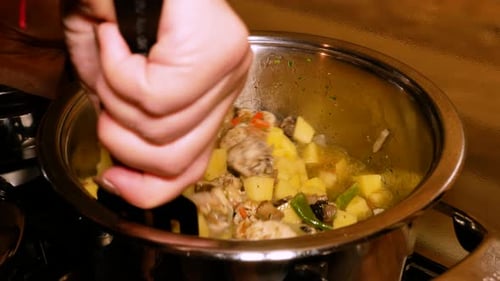 Female hands are mixing steaming hot stew in steel pot on oven. Homemade cooking. Cooking concept