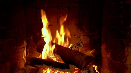 Roaring Fireplace with Burning Logs in Brick Interior