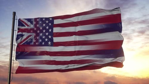 Photorealistic Hawaiian Flag Waving on Mast at Sunset