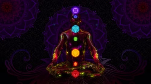 Animated Meditating Figure with Glowing Chakras and Spiritual Energy