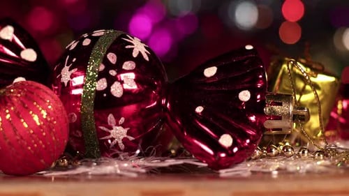 Christmas Decorations on Table with Defocused Lights