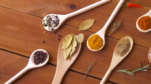 Assortment of Spices and Seasonings on Wooden Spoons