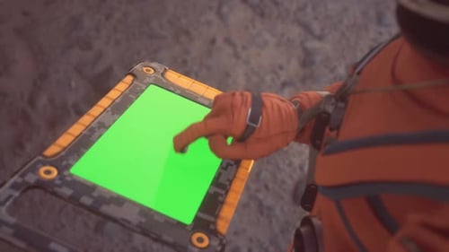 Astronaute avec tablette à écran vert