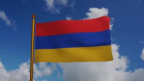 Realistic Waving Armenian Flag on Golden Pole with Blue Sky Background