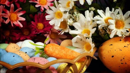 Pastel Easter Eggs with Flowers in Basket
