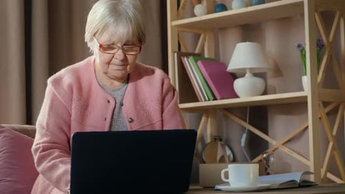 Elderly Woman Works with Laptop at Home