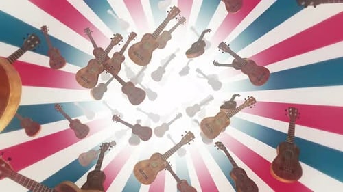 Dynamic Ukuleles Floating Animation with Radial Stripes Background