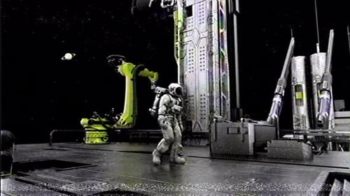 Astronaut Walks on Space Station with Digital Glitch Effect