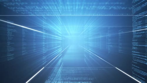 Futuristic Digital Tunnel Background with Flowing Code Stream