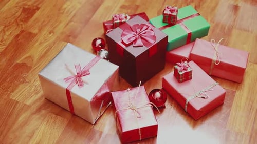 Colorful Christmas Presents on Wooden Floor