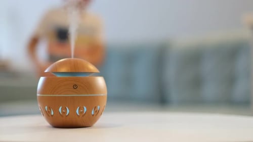 Humidifier emitting vapor with a child in background