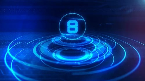 Top Ten Countdown, Neonlichtzahlen von 10 bis 1, Laserstrahl erscheint auf schwarzem Hintergrund