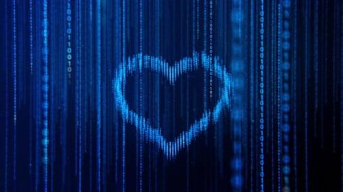 Blauer Binärcode, Matrixcode, fallende digitale Symbole mit Herzsymbol