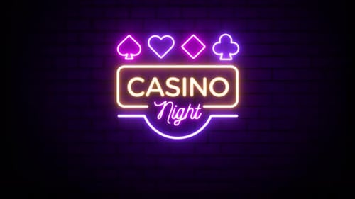 Casino Night Neon Sign on Brick Wall Background 4K