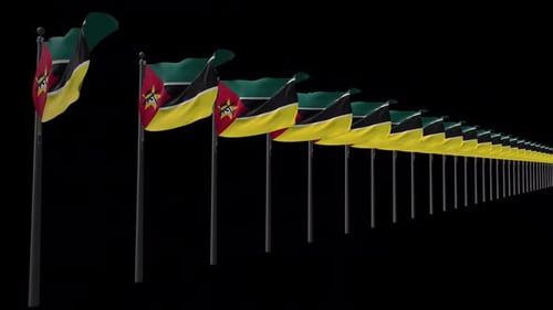 Realistic Waving Mozambique Flags on Flagpoles 3D Animation