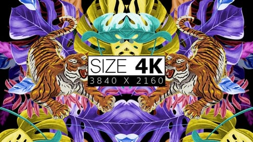 Vibrant Symmetrical Tropical Tigers and Leaves Animation Loop