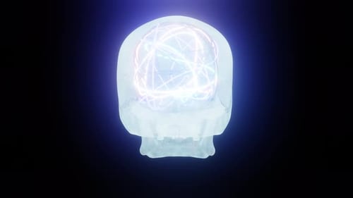 Blauer Totenkopf mit hellem Neon Mind auf dunklem Hintergrund Vj Loop