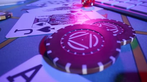 Gaming Table with Computer Keyboard Cards Dice and Casino Chips