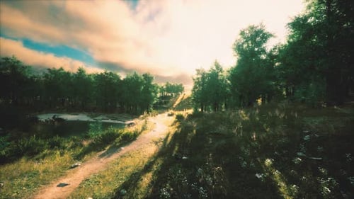 Heavy Rain Clouds Over the Field at the Sunset