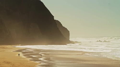 Aerial Drone shot of People Walking The Dog on Praia Grande Sandy Beach in Sintra, Lisbon, Portugal,