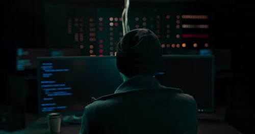 Hacker in Headset Awith Keyboard Hacking Computer System or Programming Hideout Place Has Dark