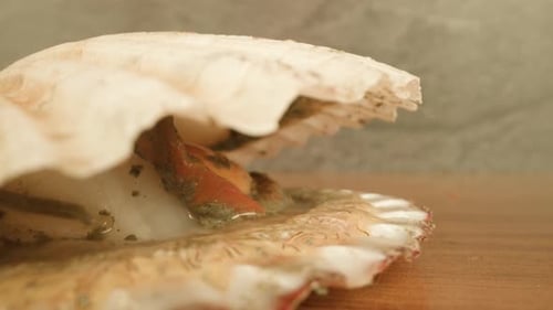 Pétoncle de mer avec coquille ouverte sur la table contre les murs de l'atelier