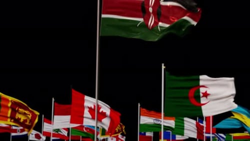 Waving Kenya Flag and International Flags Display