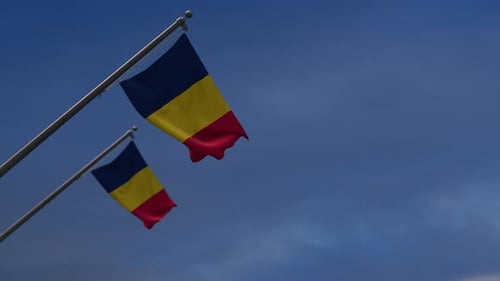 Realistic Romania Flags Waving Against a Clear Blue Sky
