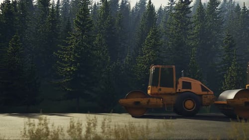 Four yellow road rollers paving the asphalt road in the coniferous forest.