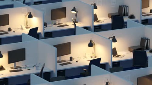 Row of endless cubicles in white, modern office space. Contemporary workplace.