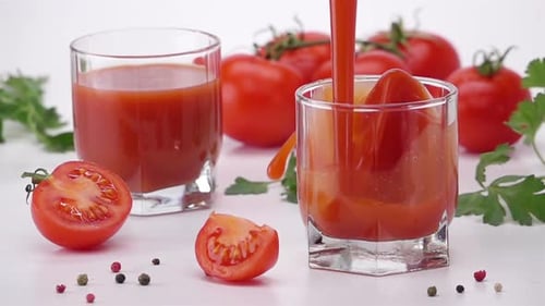 Tomatensaft in ein Glas gießen