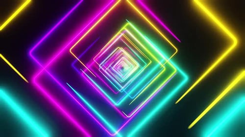 Vibrant Neon Glowing Square Tunnel Loop Background
