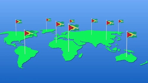 Guyana Flags Waving on World Map Animation