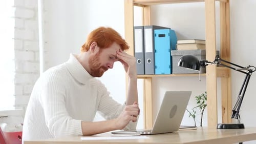Headache, Man with Red Hairs with Head Pain and Frustration