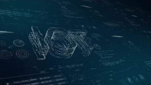 Blue particles IOT logo with HUD background and futuristic technology abstract background