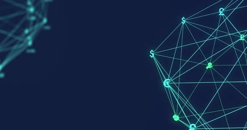 Animation of digital interface and globe of network connections with financial and currency icons