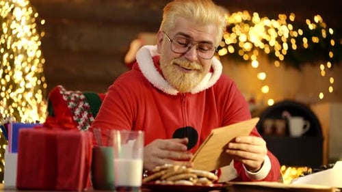 Happy Man Reads a Letter at Christmas
