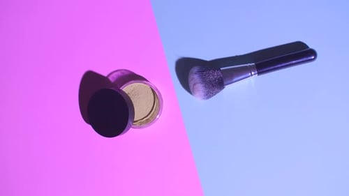 Make Up Concept. Top View of Makeup Brush with Face Powder