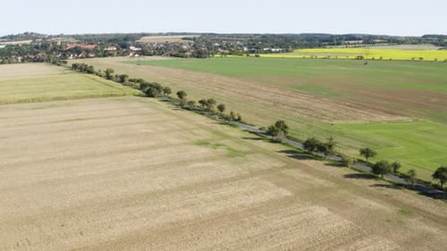 Aerial Drone Shot a Rural Area with Fields and a Road a Town in the Background