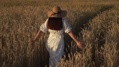 Young Girl Running in Slow Motion Through a Wheat Field