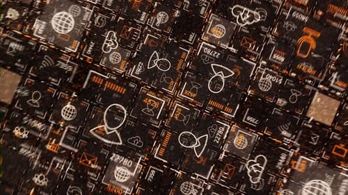 Abstract Digital Grid with Futuristic Data and Corporate Icons